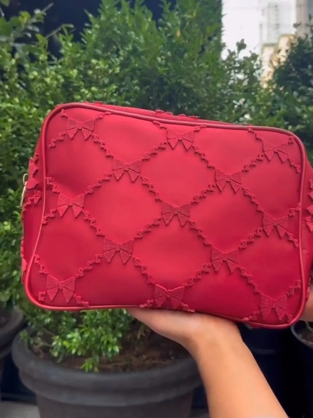 Stoney Clover Lane Burgundy Red tufted Bow large Cosmetic Pouch NWT